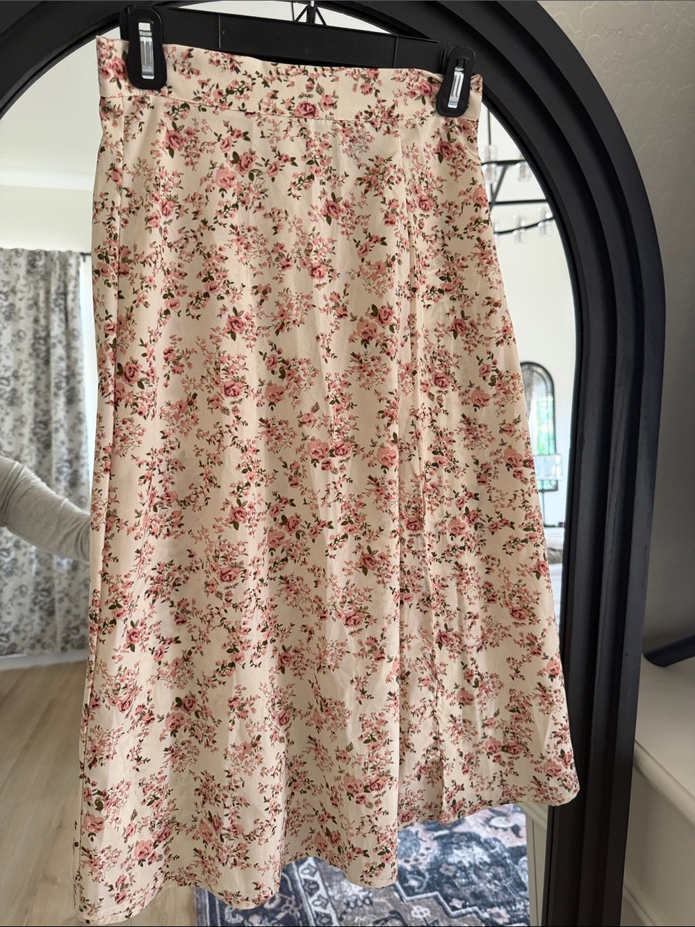 SHEIN Cream Midi Skirt with Pink Floral Print